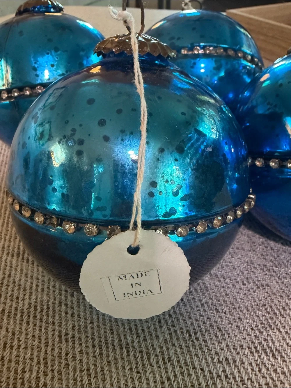 Vtg Blue mercury Glass Holiday Ornaments with Rhinestone Trim
